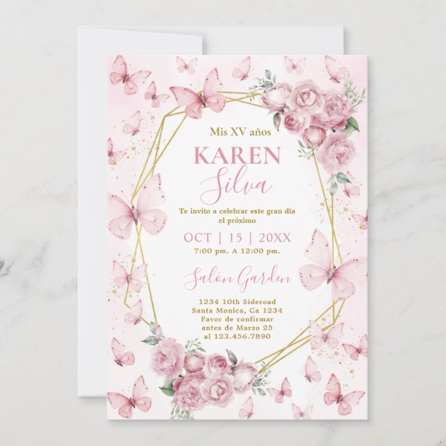 Rosa fjäril Quinceañera inbjudan (Framsida)