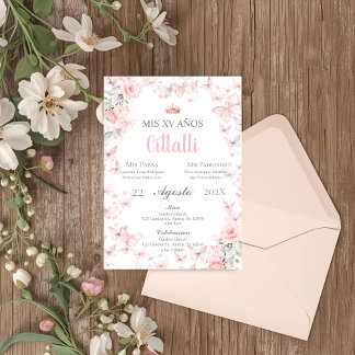 Rosa fjäril Quinceañera spansk inbjudan