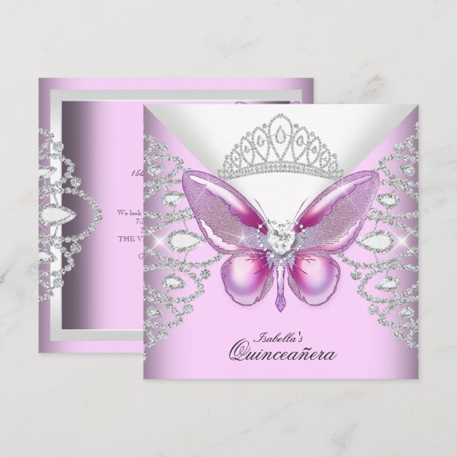 Rosa fjäril Tiara Quinceanera 15-årsfest Inbjudningar (Fram/baksida)