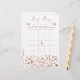 Rosa Fjäril Vilda Blommor Baby Shower Bingo Spel