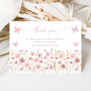 Rosa fjäril vilda blommor baby shower tack kort