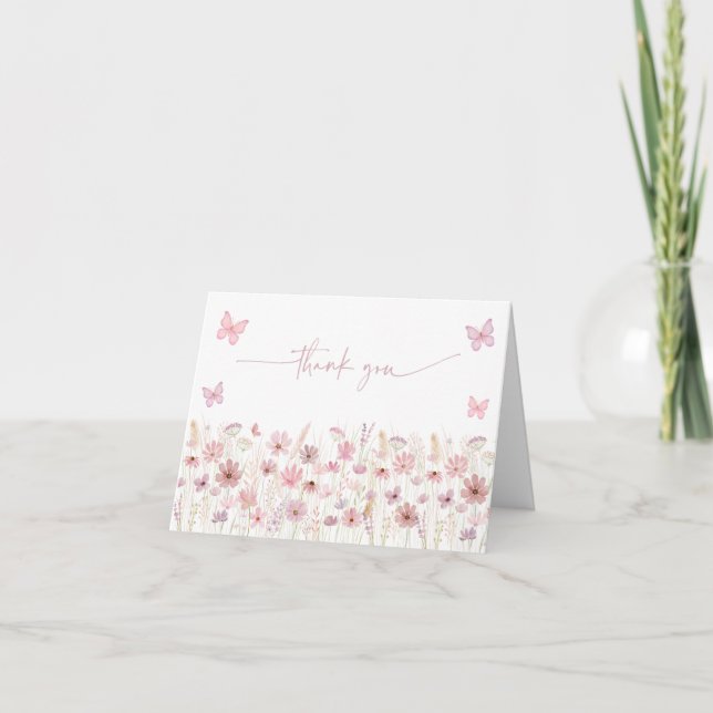 Rosa fjäril vilda blommor baby shower tack kort (Framsida)