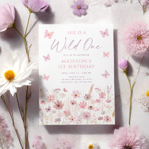 Rosa fjäril vilda blommor Första födelsedagen Inbjudningar