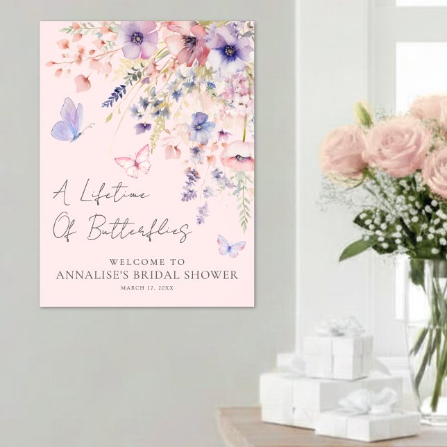 Rosa fjäril Vildblomma Bröllopsdusch Poster (Pink Butterfly Wildflower Bridal Shower Poster )