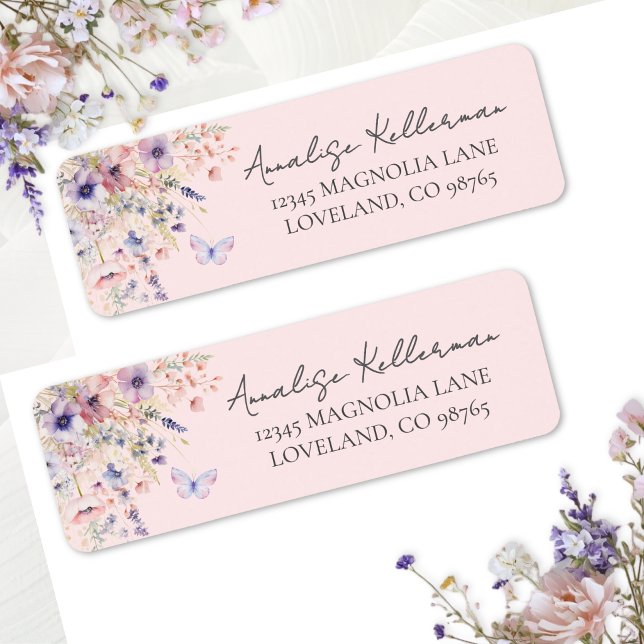 Rosa fjäril vildblomma returadress etikett (Pink Butterfly Wildflower Return Address Label)