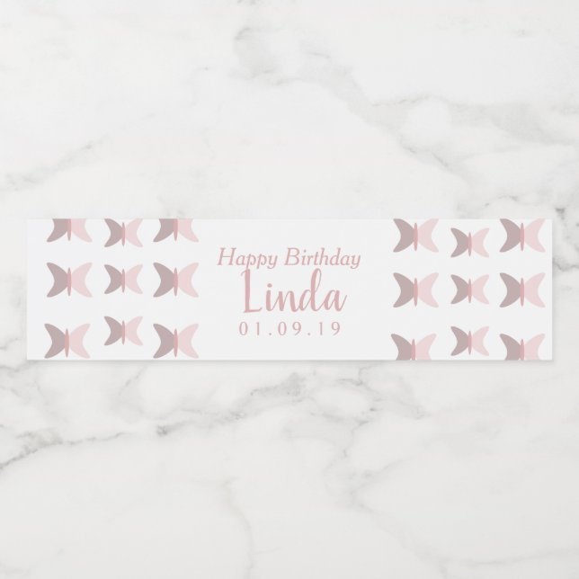 Rosa fjärilar Enkel Glad födelsedag Vattenflaskor Etikett (Singel etikett)