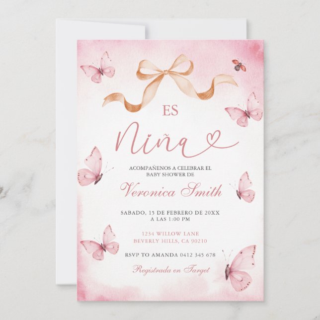 Rosa fjärilar Es Nina Baby Shower  Inbjudningar (Framsida)