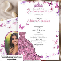 Rosa fjärilar klänning och tiara foto Quinceanera