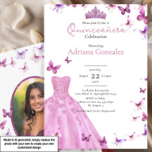 Rosa fjärilar klänning och tiara foto Quinceanera