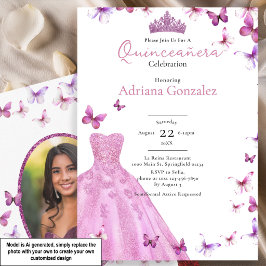 Rosa fjärilar klänning och tiara foto Quinceanera Inbjudningar