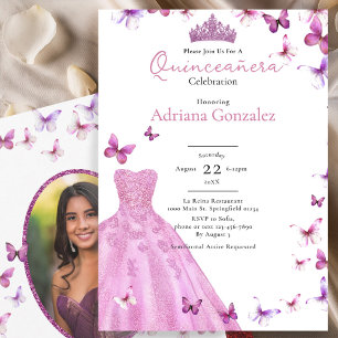 Rosa fjärilar klänning och tiara foto Quinceanera Inbjudningar