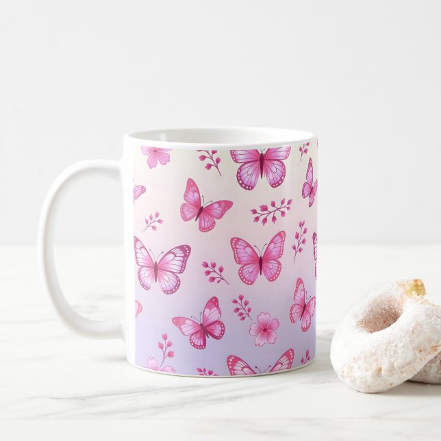Rosa fjärilar och blommor mönster kaffemugg (Med munk)