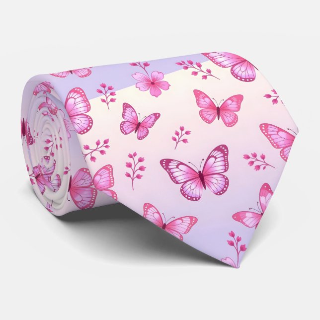 Rosa fjärilar och blommor mönster slips (Rullad)