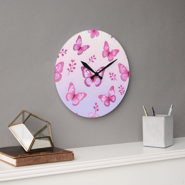Rosa fjärilar och blommor mönster stor klocka (Kontor)