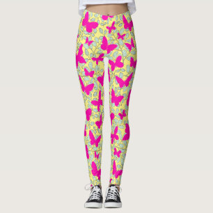 Rosa fjärilar på växter Gul bakgrund Leggings