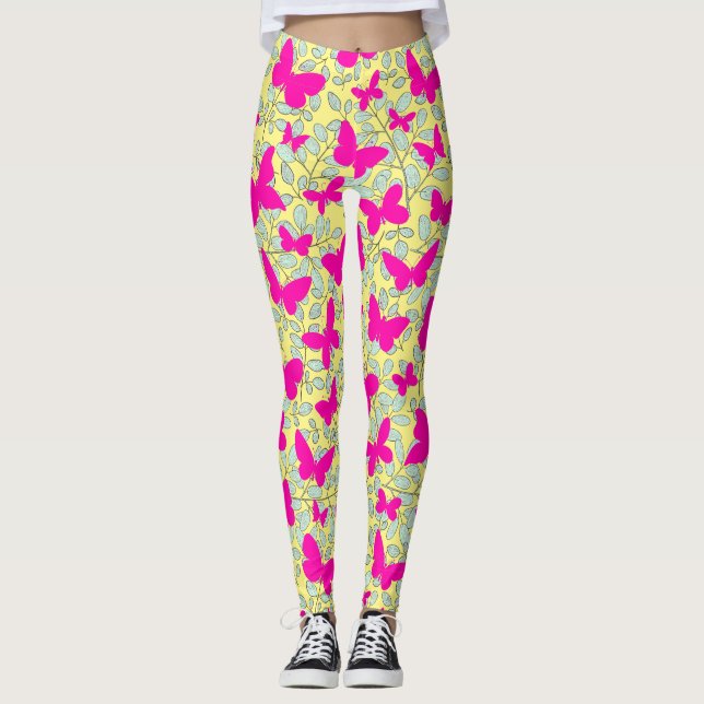 Rosa fjärilar på växter Gul bakgrund Leggings (Framsida)