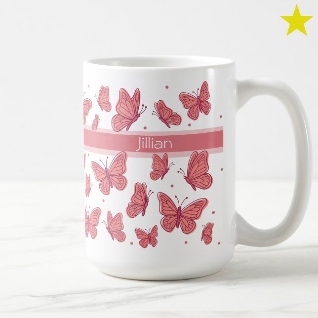 Rosa fjärilar & prickar anpassat namn monogram kaffemugg (Skapare uppladdad)