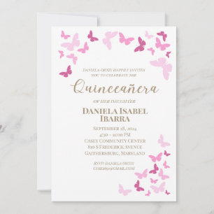 Rosa fjärilar Quinceañera förgylld text Inbjudningar
