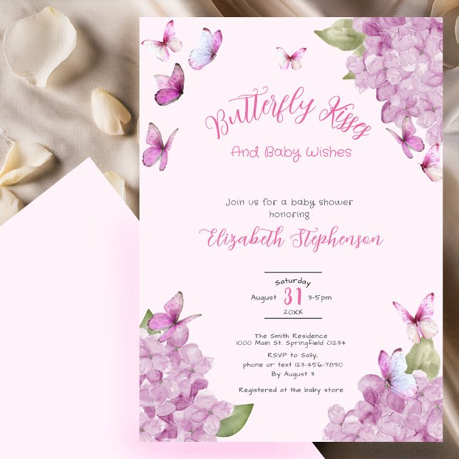 Rosa fjärilkyssar vattenfärg baby shower inbjudningar (Skapare uppladdad)