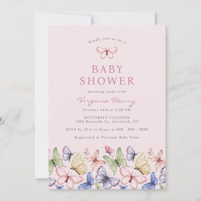 Rosa Fjärils Babyshower Inbjudningar (Framsida)