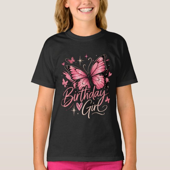 Rosa fjärils födelsedagströja för tonårstjejer t shirt (Framsida)