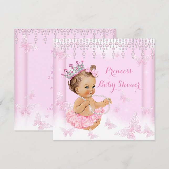 Rosa fjärils tiara prinsessa baby shower brunett inbjudningar (Fram/baksida)