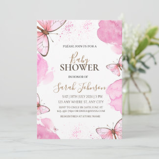 Rosa fjärilsflicka baby shower-inbjudan inbjudningar