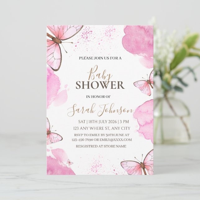 Rosa fjärilsflicka baby shower-inbjudan  inbjudningar (Stående Fram)