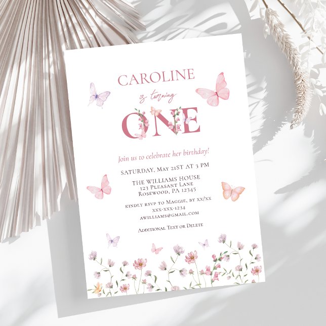 Rosa fjärilsflicka Första födelsedag Inbjudningar (Skapare uppladdad)