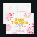 Rosa Fladdermus Bar Mitzvah Spara Datum Modern Stj Inbjudan Vykort<br><div class="desc">Se till att alla dina vänner och släktingar kan fira din dotters stora Bat Mitzvah! Skicka ut detta roliga, boho-retro, personliga "Spara datumet" -kort. Retro hetrosa och korallfärgade blomsterexplosioner med Davidsstjärnor, samt fet modern gul, hetrosa och mörkgrå typsnitt utan serifer, överlagras en ren vit bakgrund. Anpassa den anpassade texten med...</div>