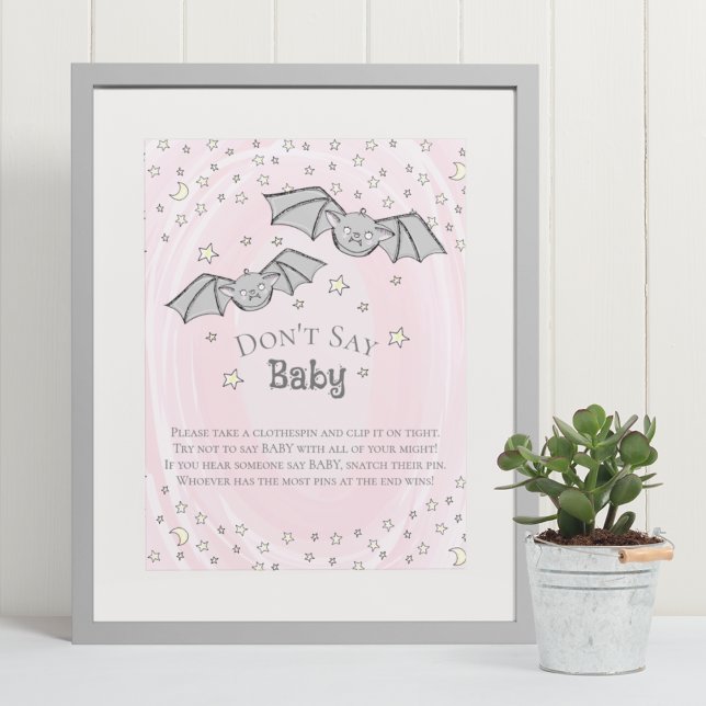 Rosa Fladdermus Säg inte Baby babyvilt Poster (This cute Fall Baby Shower "Don't say Baby"game Features Hand-drawn Baby Bats & Stars in Black Ink.)
