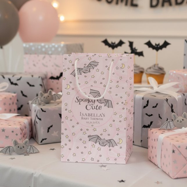 Rosa Fladdermus Spooky Cute Baby Shower (Pink Spooky Cute Bats Girl Baby Shower Gift Bags. Bats, Stars, Moons Pink Watercolor Pattern for Her)