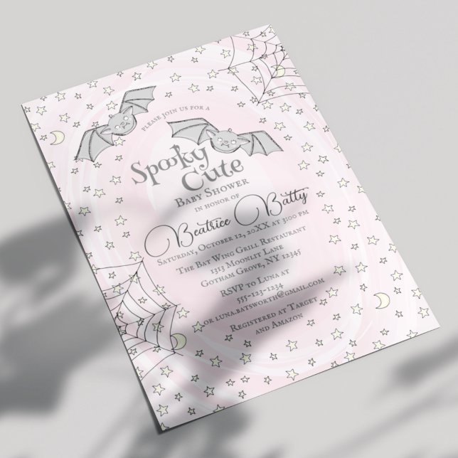 Rosa Fladdermus Spooky Cute Baby Shower Inbjudningar (Cute Spooky Cute Baby Bats Pink Baby Shower Invitation for Baby Girl. Pink Swirls, Bats, Webs, Stars)