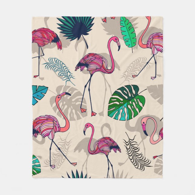 Rosa flamigos och tropiska löv sömlösa mönster fleecefilt (Framsidan)