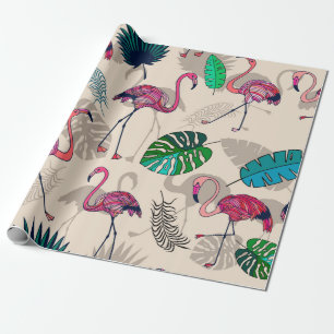 Rosa flamigos och tropiska löv sömlösa mönster presentpapper