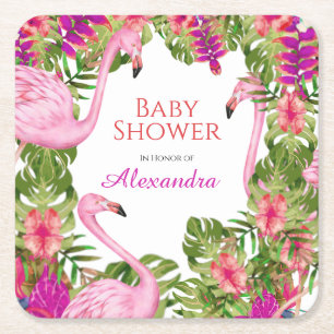 Rosa Flaming Tropical Wildlife Girl Baby Shower Underlägg Papper Kvadrat