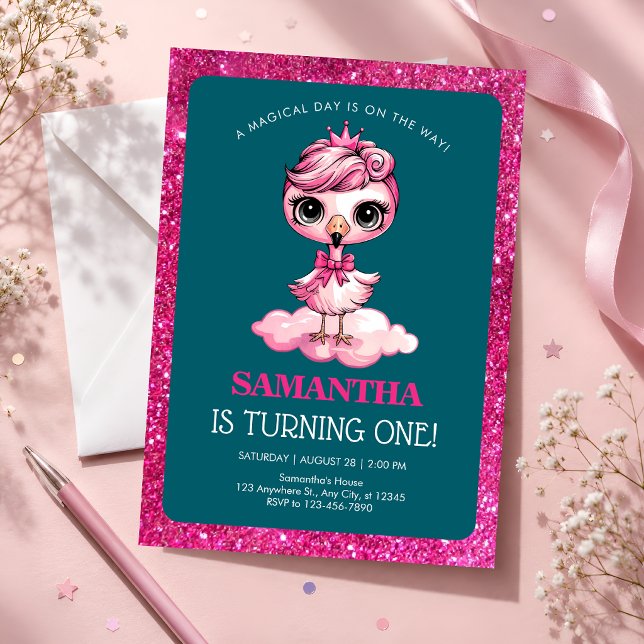 Rosa Flamingo 1-årsdag Inbjudningar (Skapare uppladdad)