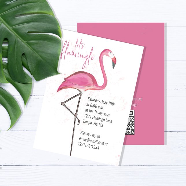 Rosa Flamingo Akvarell Let's Flamingle QR-Kod Inbjudningar (Birthday party invitation with watercolor pink tropical flamingo. )