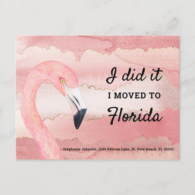 Rosa Flamingo Akvarell Moln Jag Flyttade till Flor Meddelande Vykort (Framsida)