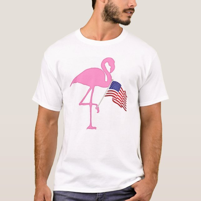 Rosa Flamingo Amerikansk Flagga T-shirt (Framsida)
