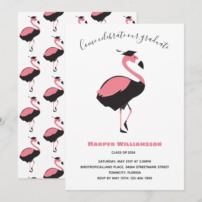 Rosa Flamingo Animal Studenten Inbjudningar (Fram/baksida)