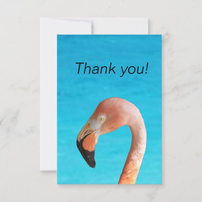 Rosa flamingo ansikte mot blå vatten på en sida tack kort (Framsida)