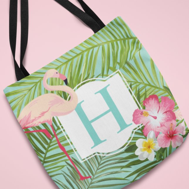 Rosa Flamingo Aqua Tropisk Monogram Blomma Tygkasse (Skapare uppladdad)