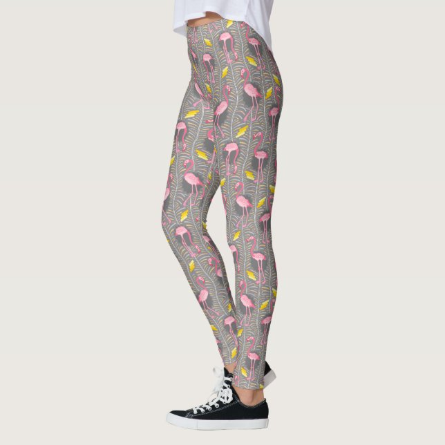 Rosa Flamingo Art Deco Ferns Grått Gult 20s Fåglar Leggings (Vänster)