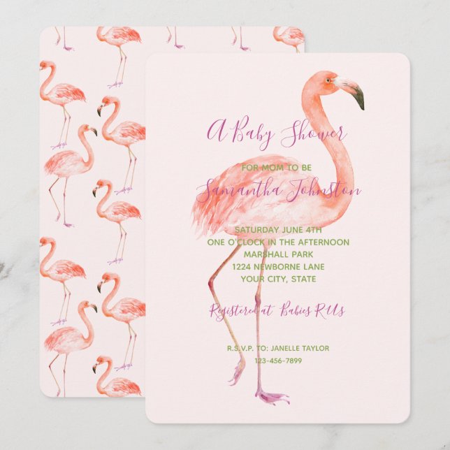 Rosa Flamingo Baby Shower Inbjudningar (Fram/baksida)