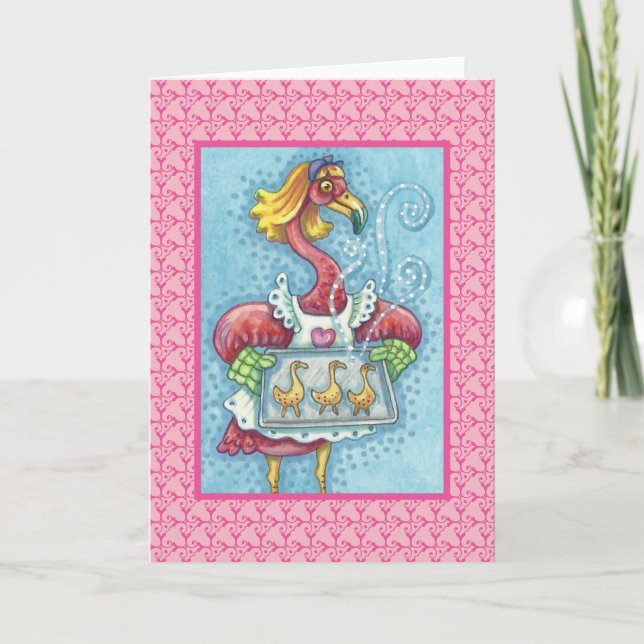 ROSA FLAMINGO BAKING COOKIES, GREETCARD Blank Kort (Framsida)