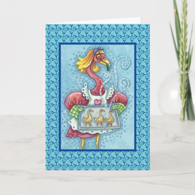 ROSA FLAMINGO BAKING COOKIES, GREETCARD Blank Kort (Framsida)