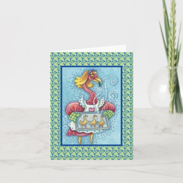 ROSA FLAMINGO BAKING COOKIES, NOTE CARD Blank Kort (Framsida)