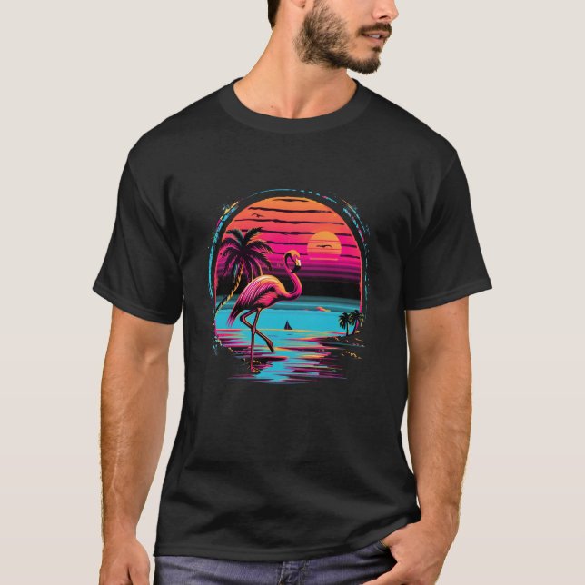 Rosa Flamingo Beach Summer Vibes Handflatan Träd T Shirt (Framsida)