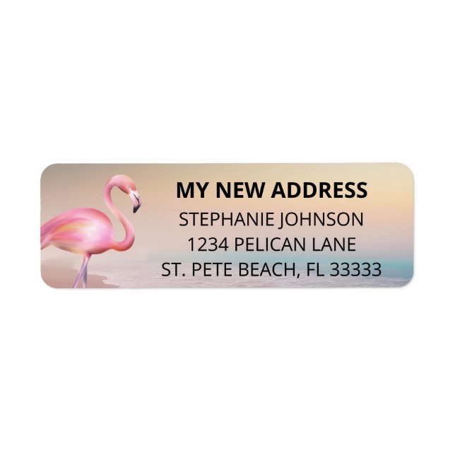 Rosa Flamingo Beach Sunset New Home Returadress Etikett (Framsidan)